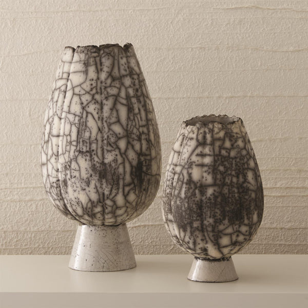 Crackled Footed Vase-Black Raku-Sm