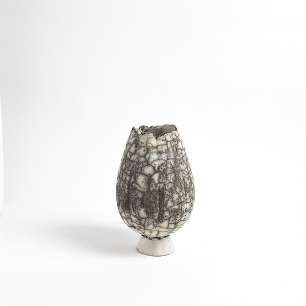 Crackled Footed Vase-Black Raku-Sm