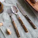 Set of silver cutlery with brown handles on a light green cloth.