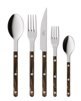 Set of silver cutlery with wooden handles on a white background