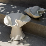 Two white ceramic bowls on a stone surface with shadows cast by trees.