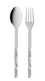 Stainless steel spoon and fork set on a white background