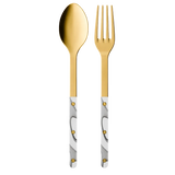 Gold spoon and fork with marble pattern handles on a white background
