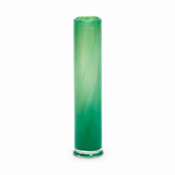 A tall, slender cylindrical glass vase with a gradient color transition from light green at the top to a rich emerald green at the base, set against a plain white background.