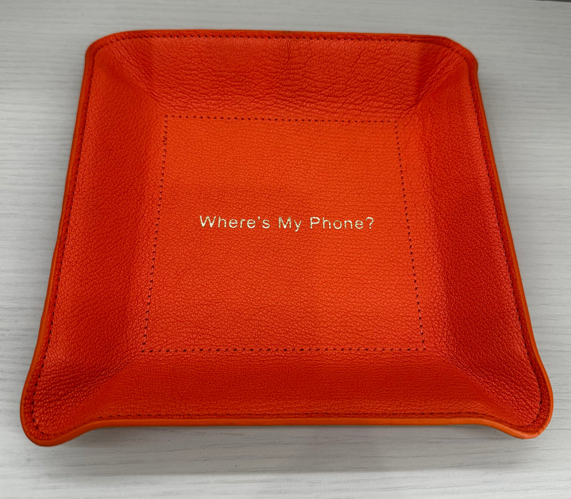 "Where's My Phone" Leather Valet Tray - Orange Goatskin
