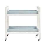 White rolling cart with two shelves, one above the other, on a white background.