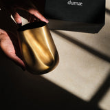 Gold cylindrical object held by a hand with 'ELLE DECOR x dumé' packaging in the background.
