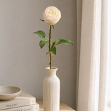 White vase with a single rose on a wooden surface next to books and a bowl.