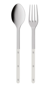 Stainless steel spoon and fork set on a white background