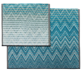 Two blue and gray patterned rugs on a white background
