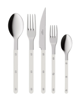 Set of silver cutlery with visible brand name on a white background