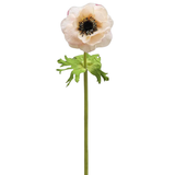 Single artificial flower with a green stem on a white background
