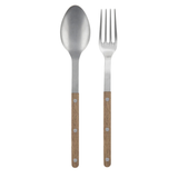 Spoon and fork with wooden handles on a white background