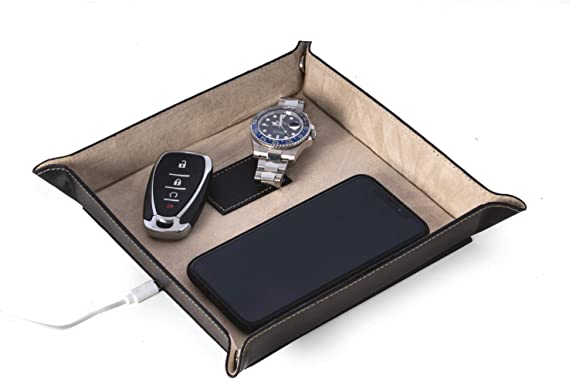 Black Leather Valet Tray with Wireless Charger