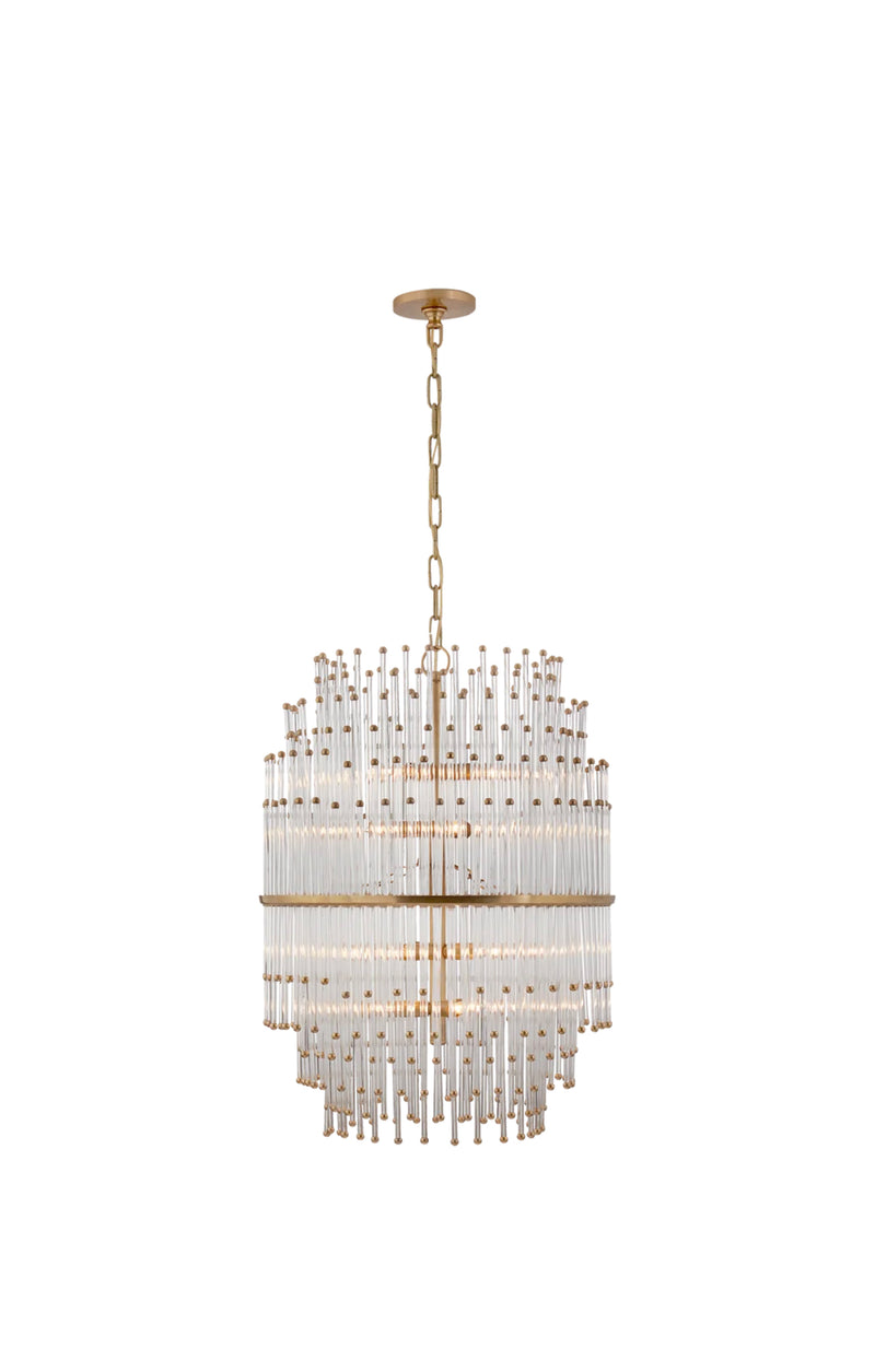 Mia Medium Barrel Chandelier in Hand-Rubbed Antique Brass with Clear Glass Rods